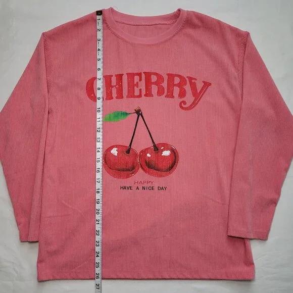 SHEIN Cherry Graphic Long Sleeve Corduroy Top Pink Pullover Drop Shoulder Small - Picture 6 of 8